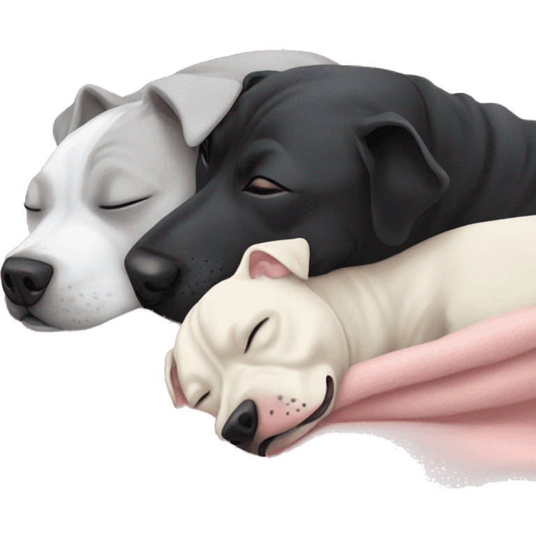 grey staffy and white bull terrier and black lab sleeping together cozy in blanket  emoji