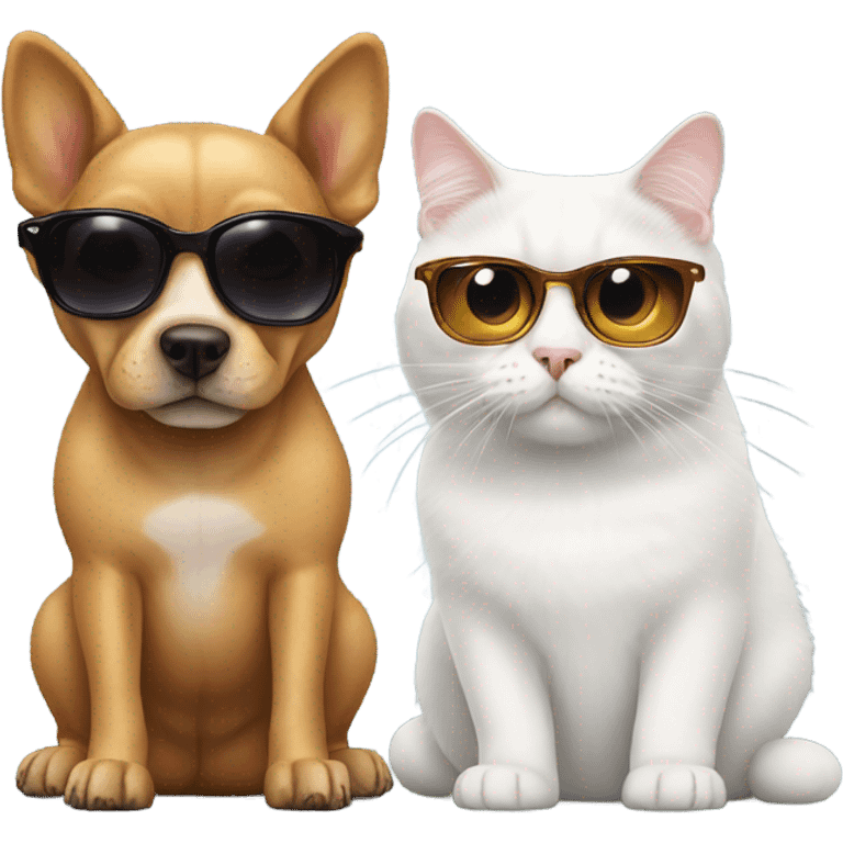 Dog wearing sunglassses standing behind cat while looking emoji