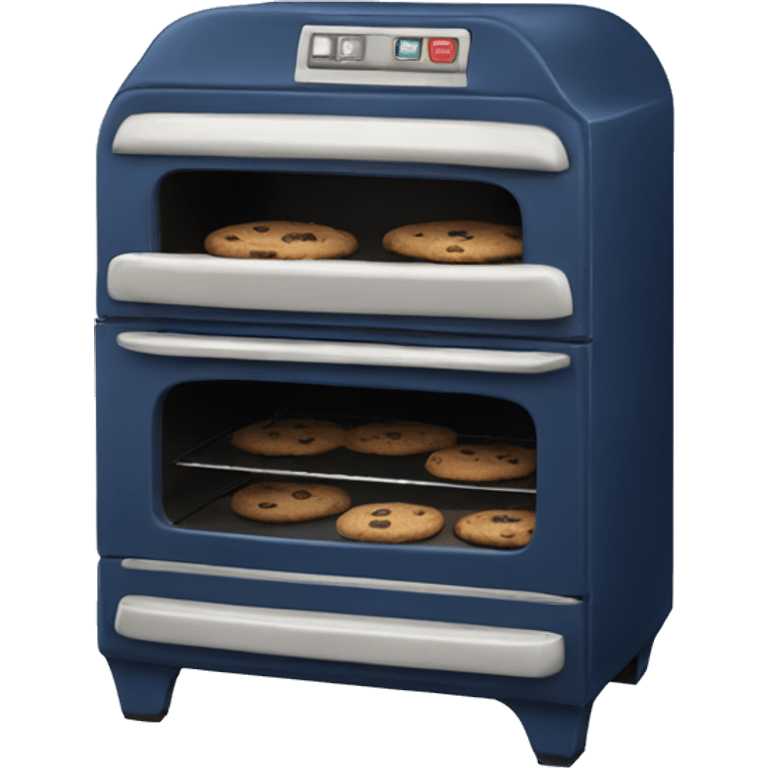 Realistic vintage  navy blue oven with cookies baking inside of it. emoji