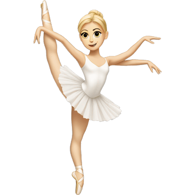 A white ballerina with blonde hair on point doing an arabesque  emoji