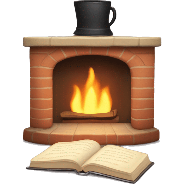 Create a cute and cozy emoji of a fireplace with a soft, crackling fire, and a pair of slippers and a book nearby. emoji