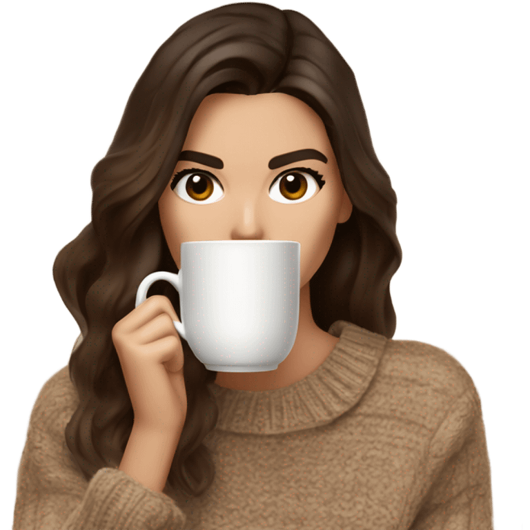 brunette Kendall Jenner with long and light brown hair her eyes brown and sipping coffee Her hair is wavy and shiny With brown sweater just one  emoji