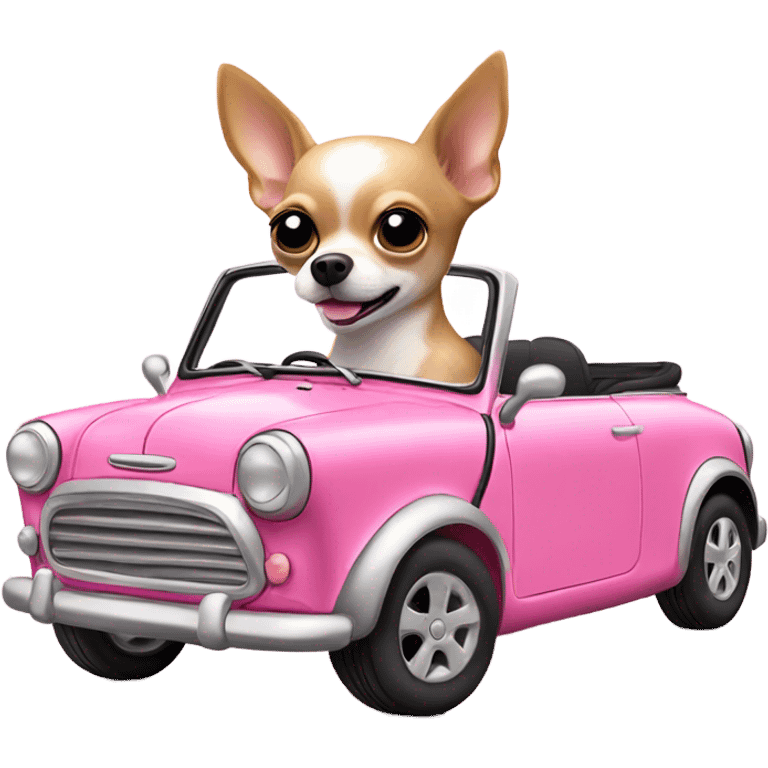 Chihuahua driving pink mini cooper emoji