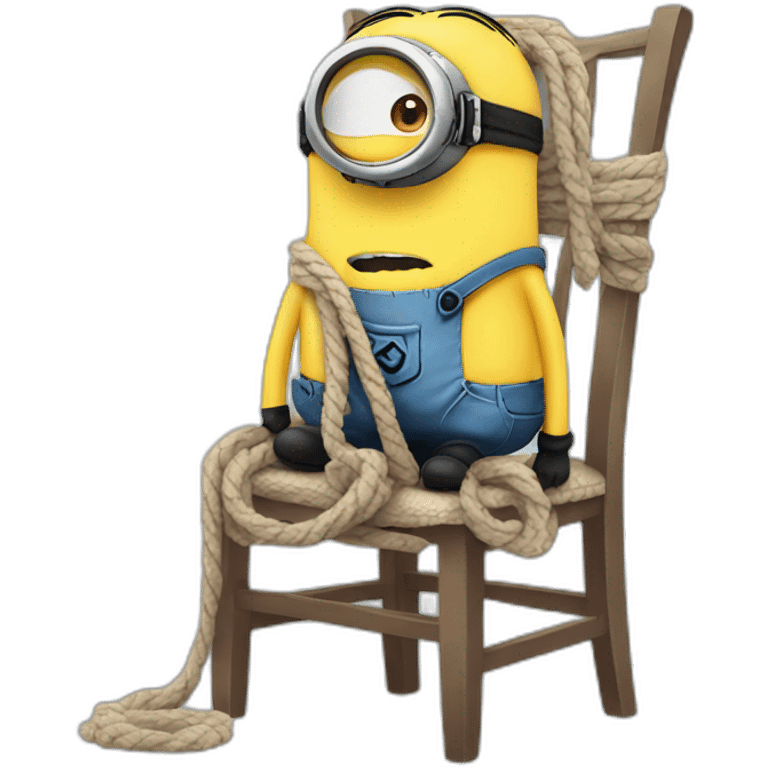 sad minion with a rope scarf standing next to a chair emoji