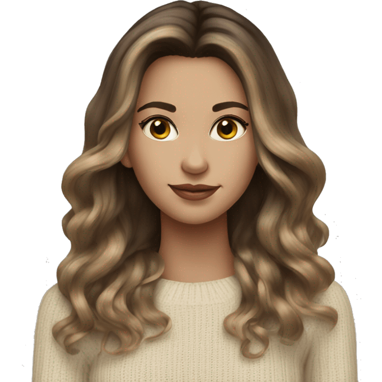 Brunette balayage long hair white women beige sweater emoji