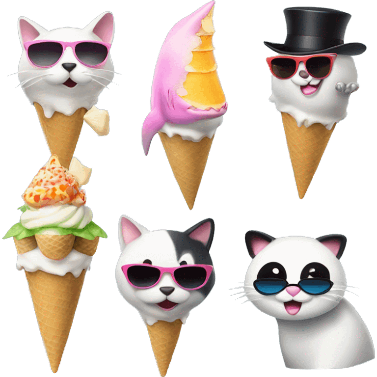 Shark with a top hat, panda eating ice cream, cat with sunglasses emoji