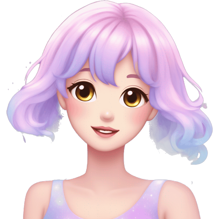 Gorgeous pastel anime style lady blushing nebula gradient sparkle face dreamy idol model colorful shiny stars galaxy kawaii cottagecore pearly petite simplistic aesthetic trending style emoji