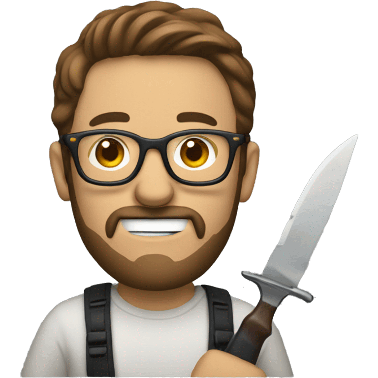 man watching stream with toy knifes in his hands. He wears glasses and have brown hair and beard emoji