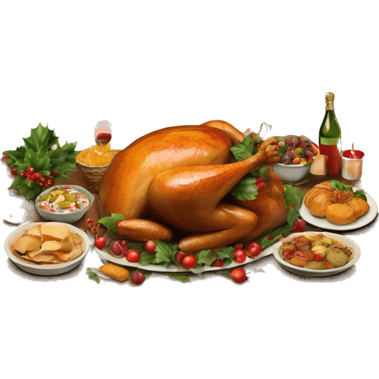 vintage wooden table with christmas feast of turkey and foods emoji