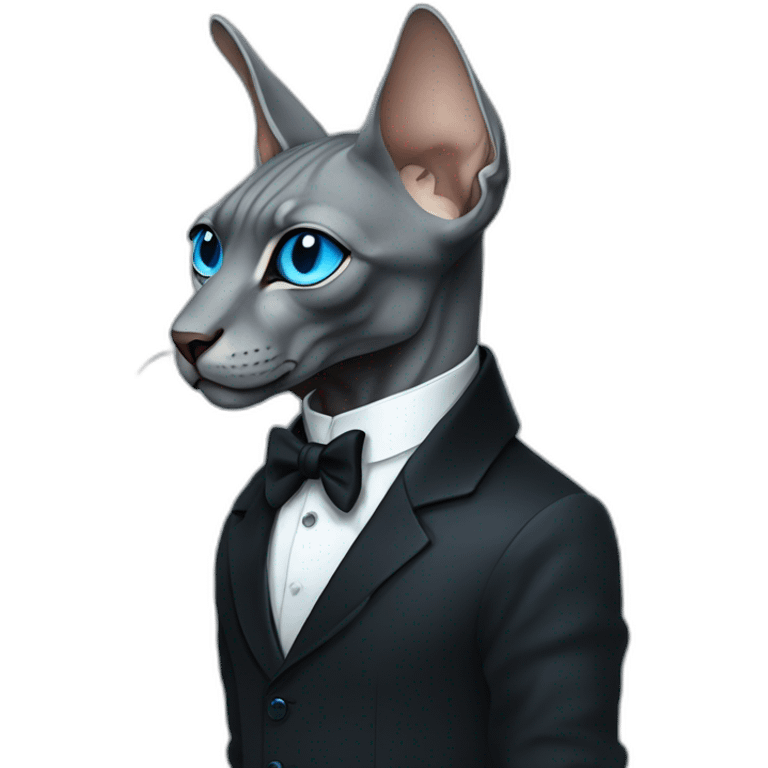 dark grey sphinx with bright blue eyes wearing black suit, portrait emoji