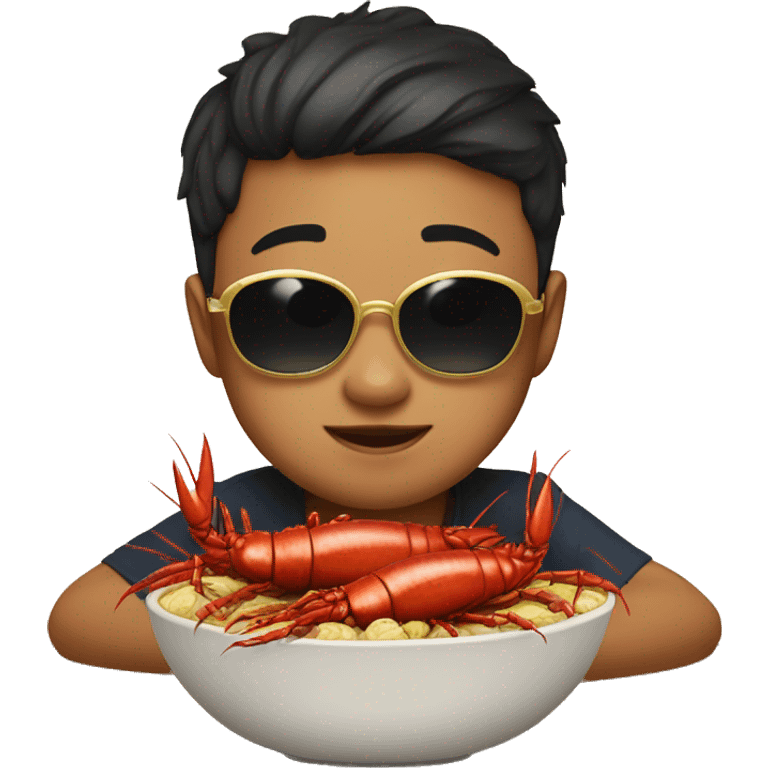 Asian kid with chubby cheeks sunglasses and a gold chain in front of a bowl of crawfish emoji