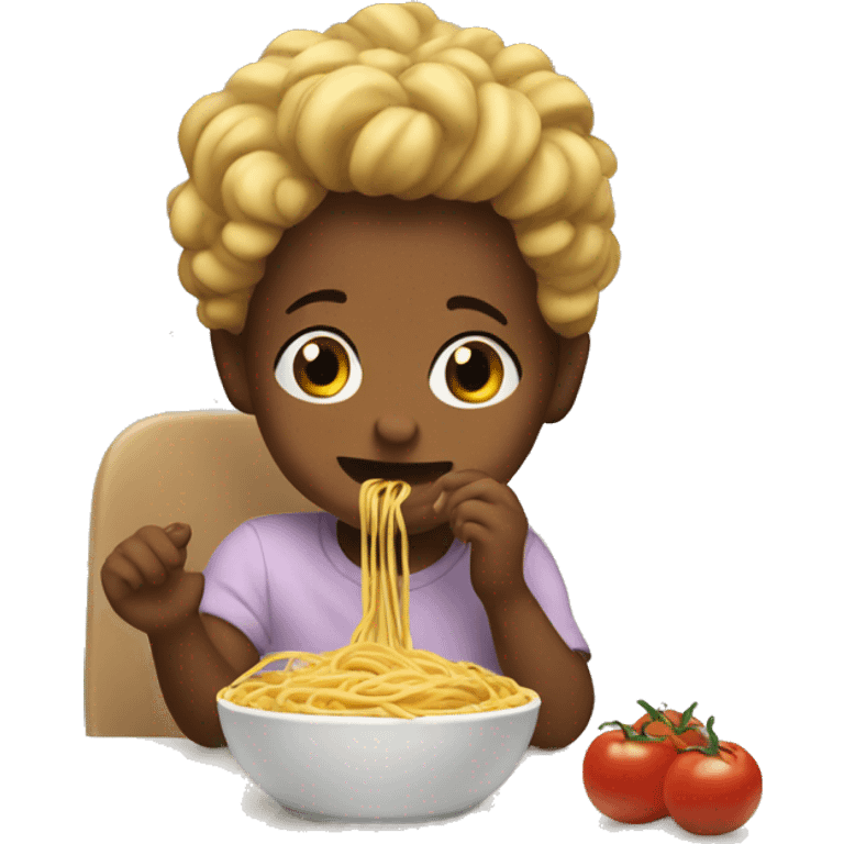 Toddler sitting on counter eating spaghetti  emoji