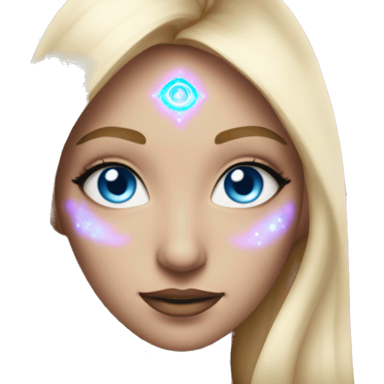 magical diva with thin pink andromedan face long blonde hair and blue eyes glowing third eye emoji