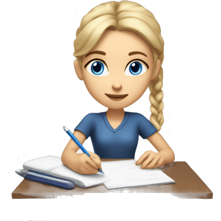 White Smart girl with blue eyes and light skin with hair pulled back with a hair clip doing Homework on a desk writing on a piece of paper  emoji