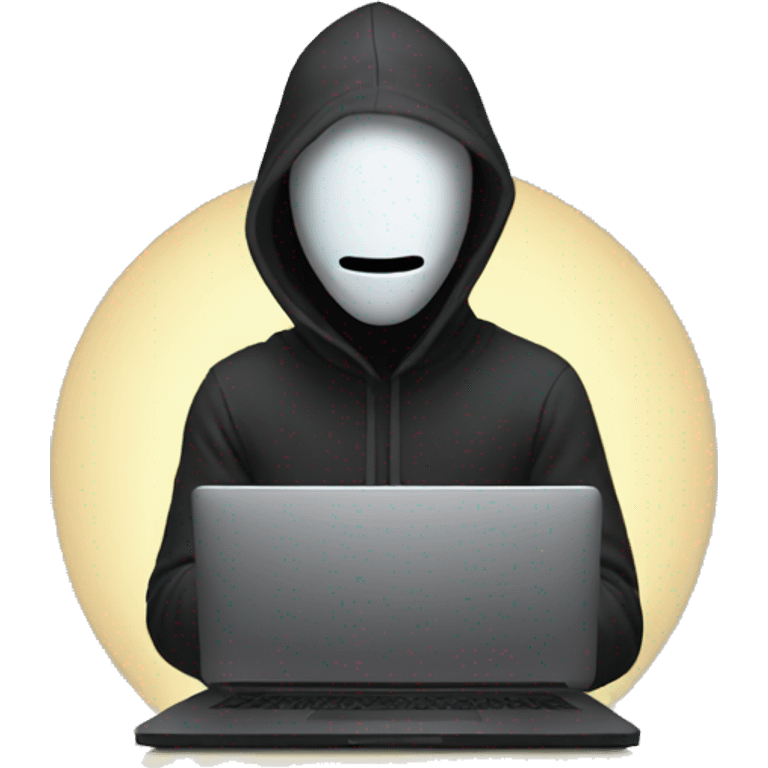 hooded man with a laptop wearing a mask with glowing white eyes emoji