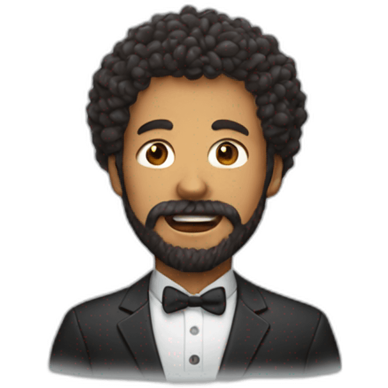 A man with a chin beard' face and curly hair with short ribs coming out of his mouth emoji