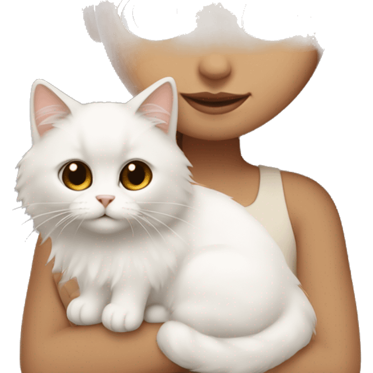 Dark brown straight hair girl with holding fluffy Siberian white cat  emoji