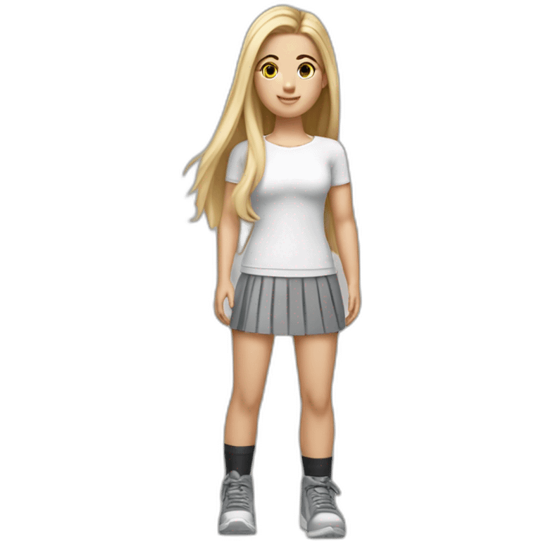 hyperrealist caucasian long straight hair blonde brown eyes strapless white sports top gray tight mini skirt black shoes complete body emoji