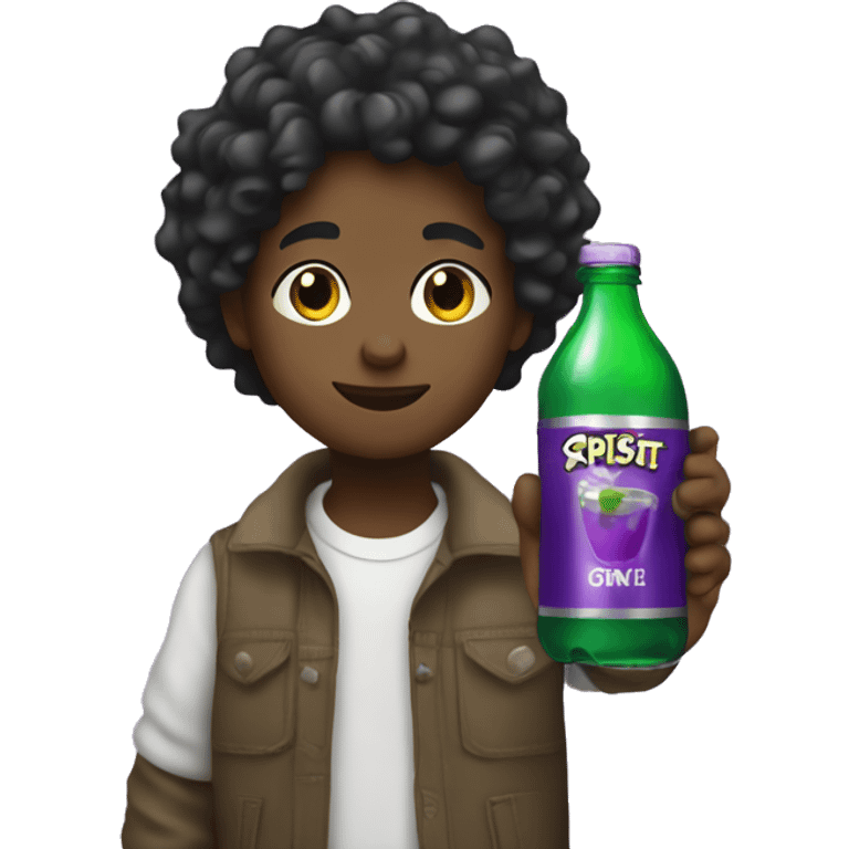 Black kid with wavy hair holding sprite bottle with purple drink in it emoji