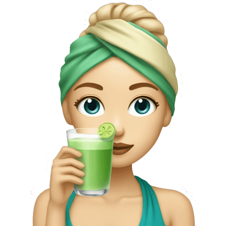 Cute girl with towel drinking matcha from a glass with a straw and and a skincare face mask with dirty blonde hair and grey blue eyes emoji