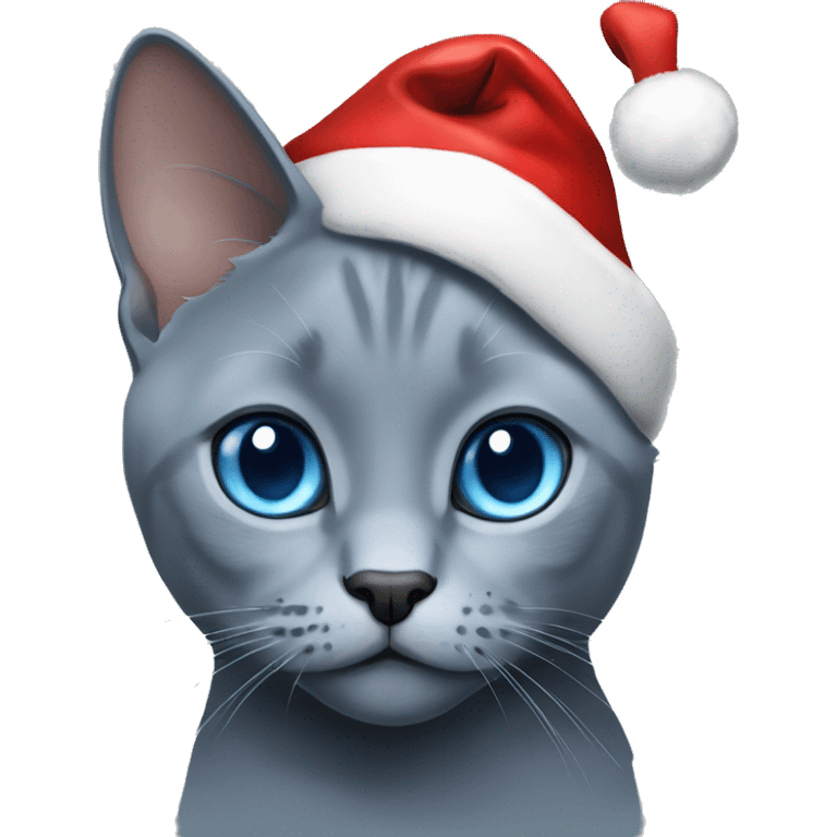 Russian blue cat with blue eyes wearing a Santa hat emoji