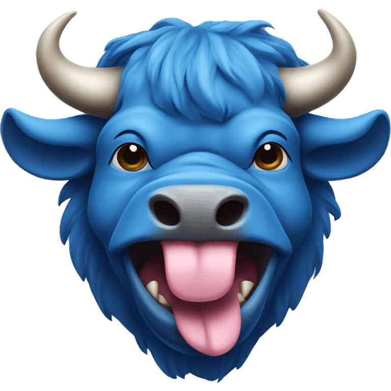 Serious blue bull head with the tongue is sticking out and teasing emoji