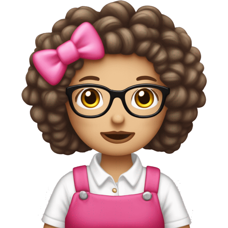 Pelo largo y ondulado cafe obscuro ,con fleco que tapa mas o menos la cara,con lentes rosas y blusa de hello kitty o emoji