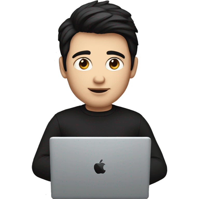     memoji of a man with a laptop in front, apple-style,modern,dark hair,black sweater,computer in hand,white skin, an avatar image gonna be round  emoji