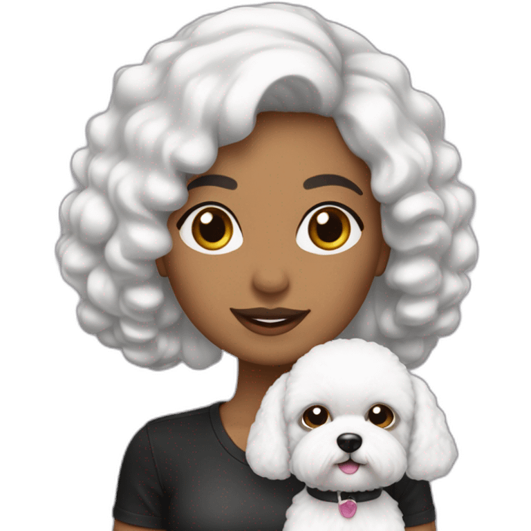 mujer piel blanca cabello negro con peinado chongo y perro bichon maltés blanco emoji