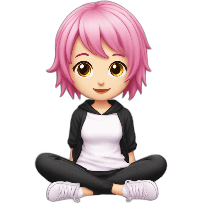 Full body Front view curvy emo girl pink hair sits on the floor straight view hands up black skirt белые трусики полосатые рваные чулки emoji