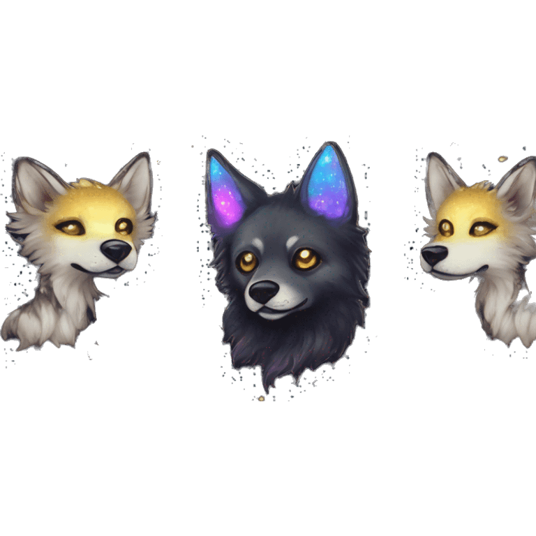 Black iridescent fluffy dog fox head zombie skeleton gold mechanical nebula galaxy stars flowers fairy lights vintage emoji