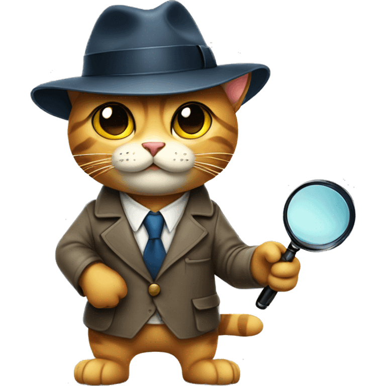 Detective cat wearing a fedora and holding a magnifying glass emoji