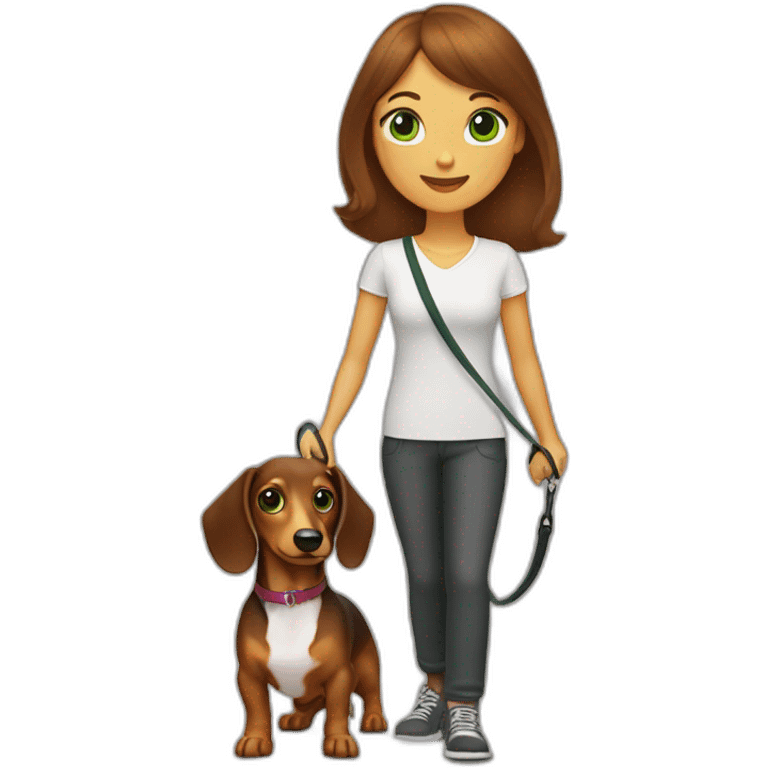 A woman with shoulder-length brown hair, straight bangs and green eyes has a rough-coated dachshund on a leash. emoji