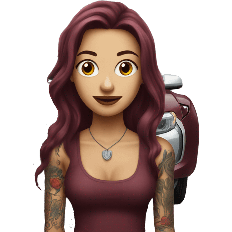 Beautiful tattooed burgundy long haired woman standing next to a car emoji