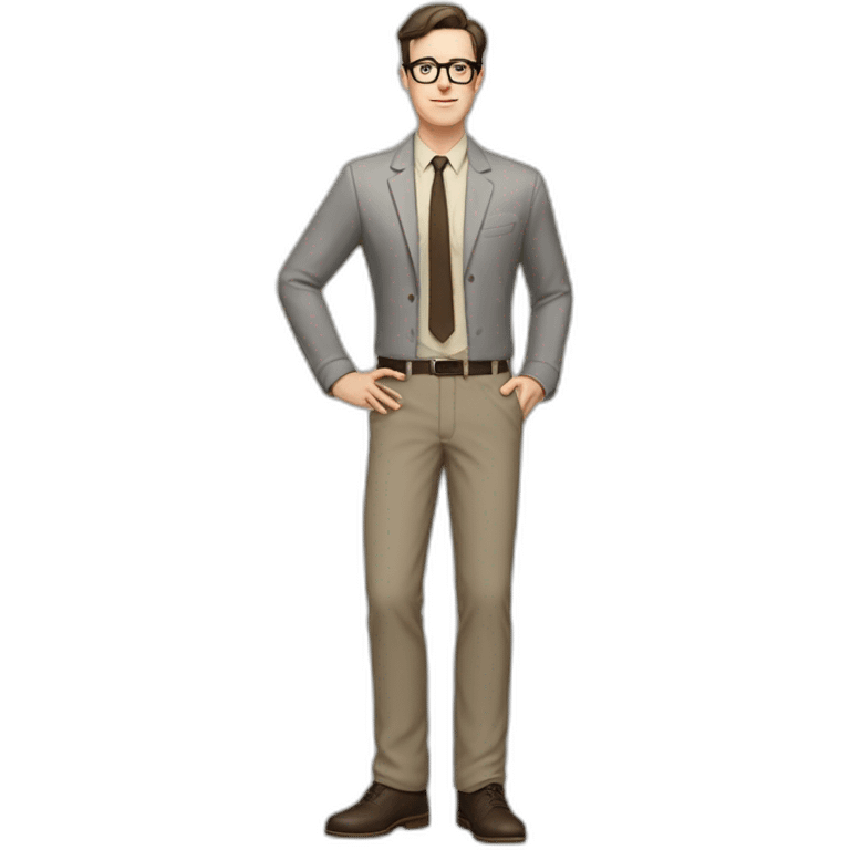 Full height Pale skinned Fit Man With dark brown hair in gray jacket, beige office shirt, tie, Brown pants and vintage glasses. Thrumbs of his palms directed up emoji