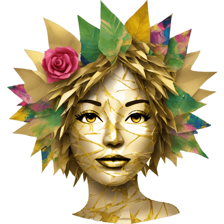  Hemp 420 lady face melting gold drizzle kintsugi multicoloured funky palm leaves tropical made of 420 origami newspaper roses hemp leaves bokeh and paper and hemp leaves in hair emoji