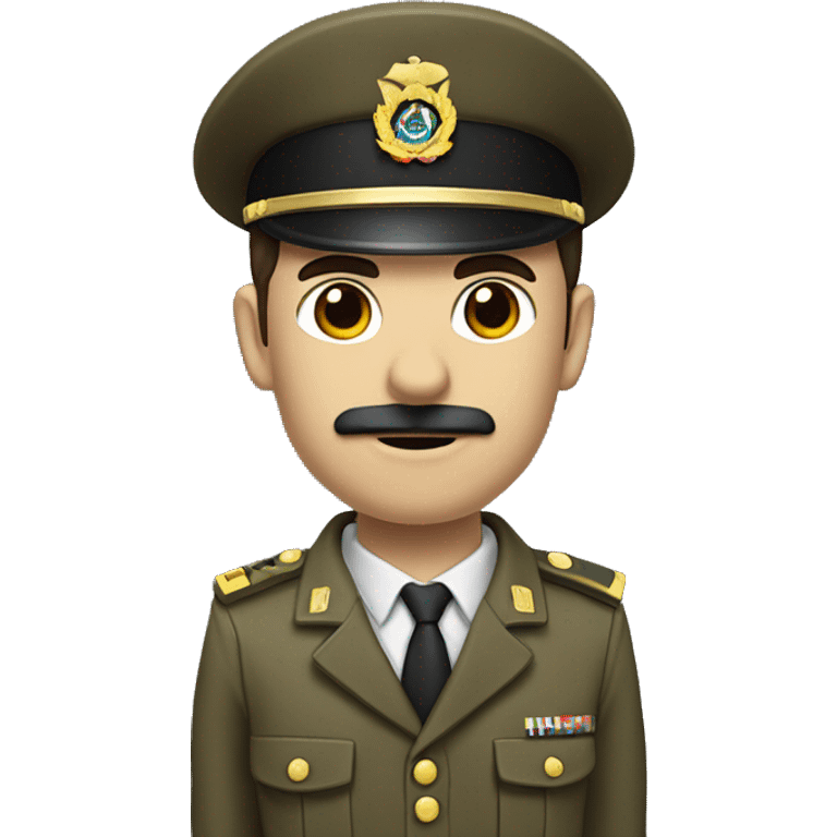 Man in military uniform with thin vertical mustache and parted dark brown hair. Holding his right arm raised at a 45 degree angle upward emoji