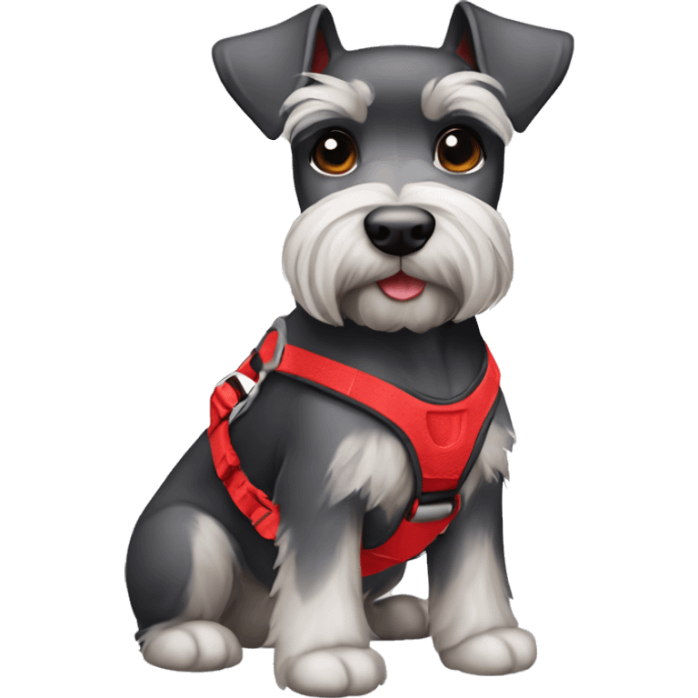 Mini Schnauzer weating red harness emoji