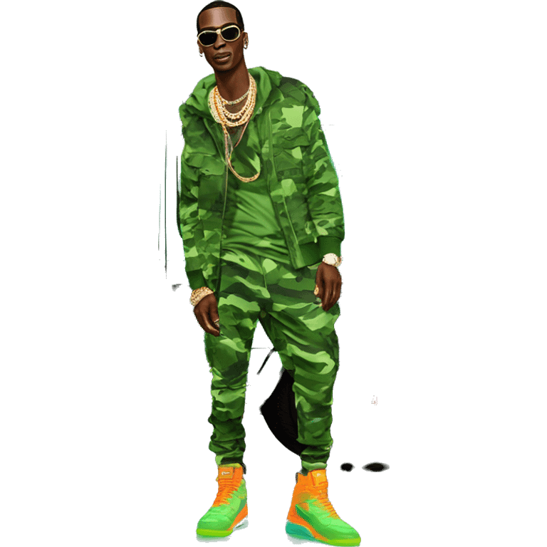 rapper,Young Dolph luxury clothes,blue diamond chain on,near his car, just opened drivers side car door to his all orange and green colored,whole car painted army camouflage, Mercedes G Wagon emoji