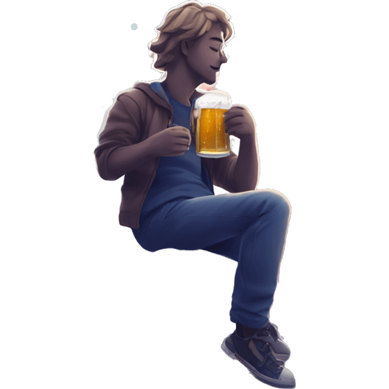 Person sat on a nebula drinking beer, line drawn style emoji