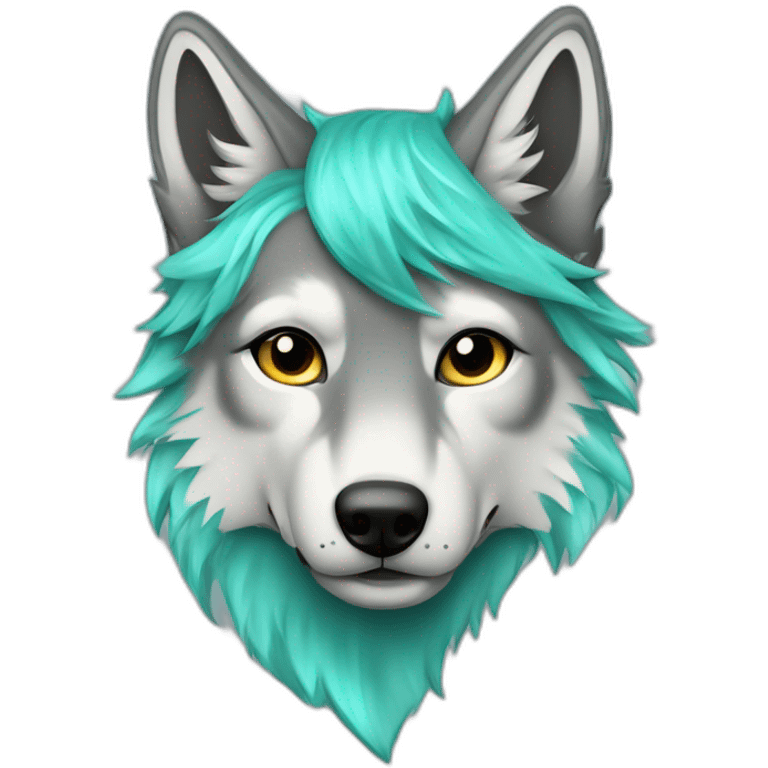 Grey wolf head with a star tatoo ocer his right eye, he have a turquoise glamrock mullet haurcut emoji