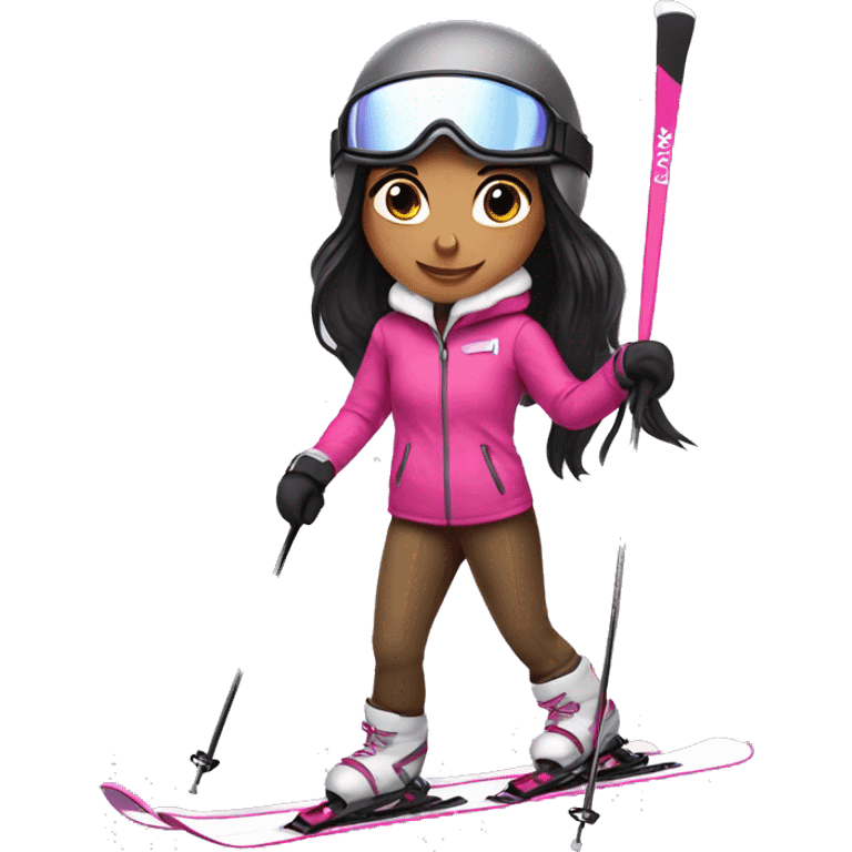 Brown Skier girl with long black hair and pink gear show skis and legs  emoji