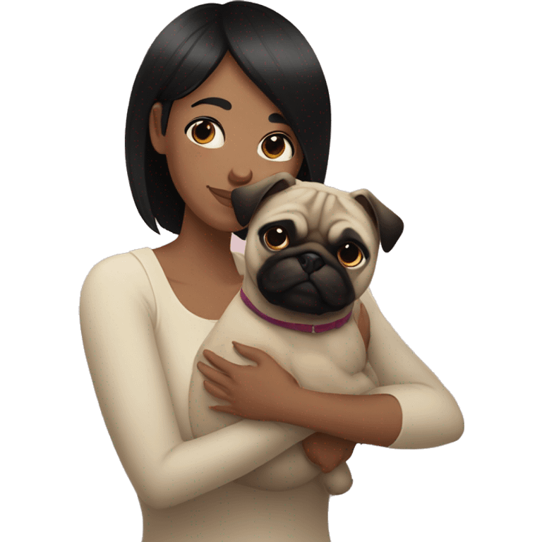 Lesbian woman with Black short hair, causacian skin, hugging a pug emoji