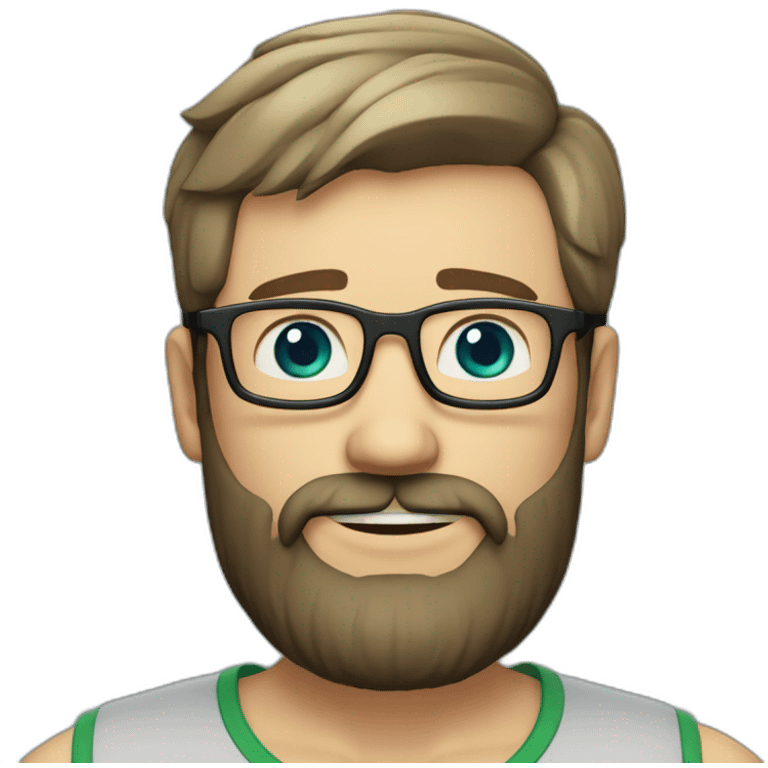  Chatty man, short hair, small thin glasses, blue-green eyes, with a dark beard, 2-day beard, geek emoji