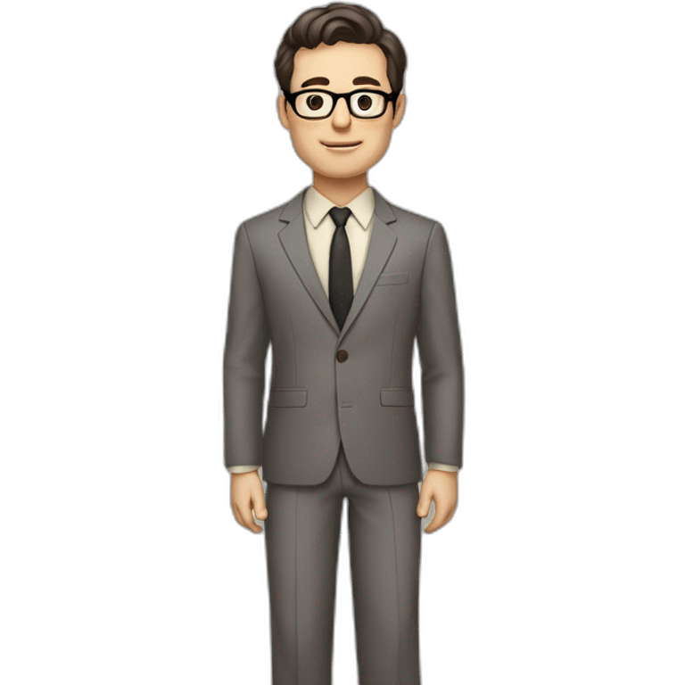 Full height Pale skinned Fit Man With dark brown hair in classic gray suit, beige office shirt, dark gray tie, and vintage glasses. Thrumbs of his palms directed up emoji