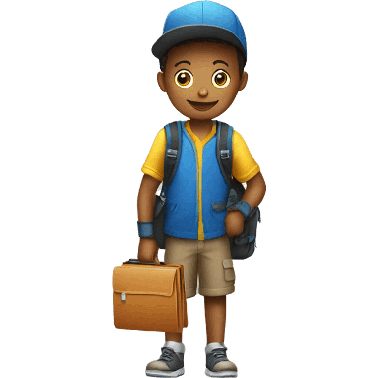 Boy carrying a hat, gloves, school folder and wearing a backpack emoji