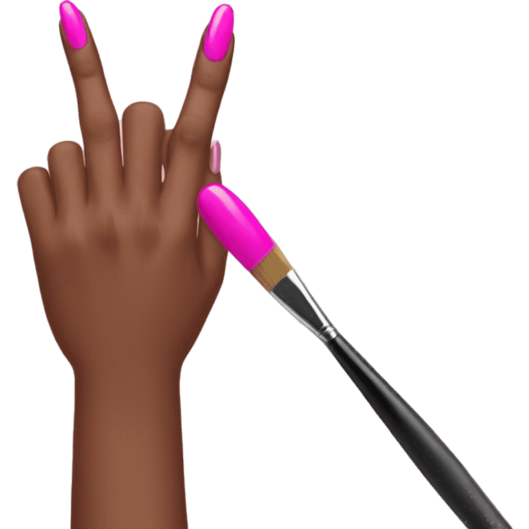 Fingers with pink nails are painted with a brush emoji