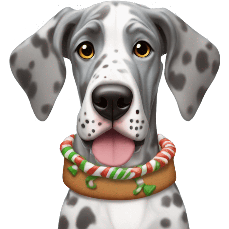 Blue Merle Great Dane dressed as gingerbread man emoji