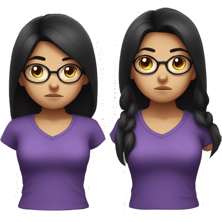 Angry scowling girl, purple shirt, long black hair, brown eyes, wearing glasses, with arms crossed over chest. emoji