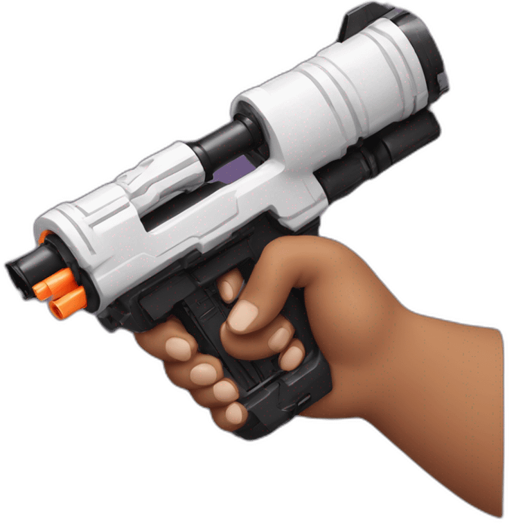 manicured hand holding large scary black and white nerf gun emoji